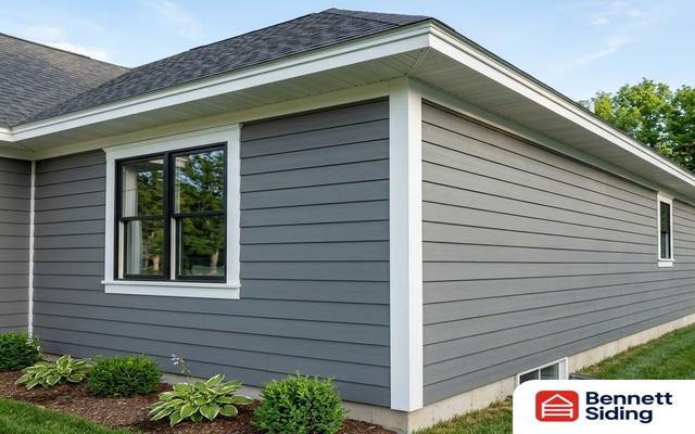 Gray horizontal siding on a house exterior with white trim and landscaping – siding gallery, Angier, NC