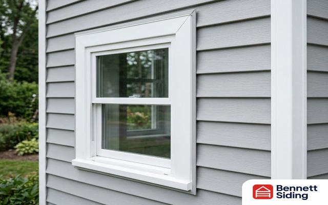 White framed window installed on gray vinyl siding exterior wall – siding gallery, Arden, NC