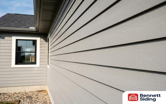 Gray horizontal siding on the exterior wall of a house with a window visible – siding gallery, Angier, NC