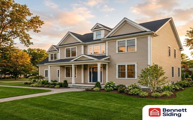 Two-story house with beige siding, multiple windows, and landscaped yard – siding gallery, Angier, NC