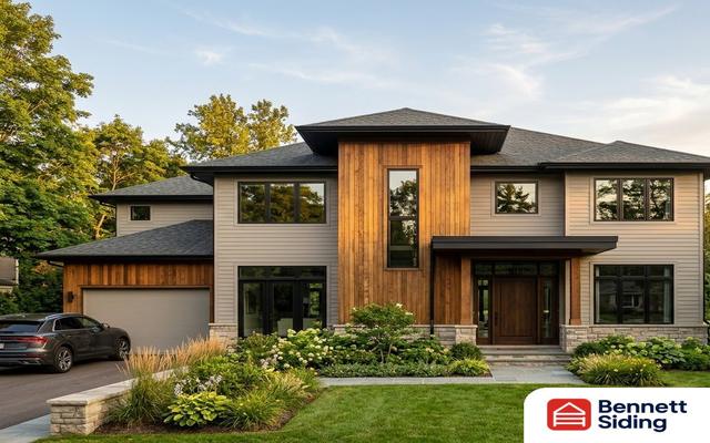 Two-story modern house with wood and stone exterior and landscaped yard – siding gallery, Angier, NC