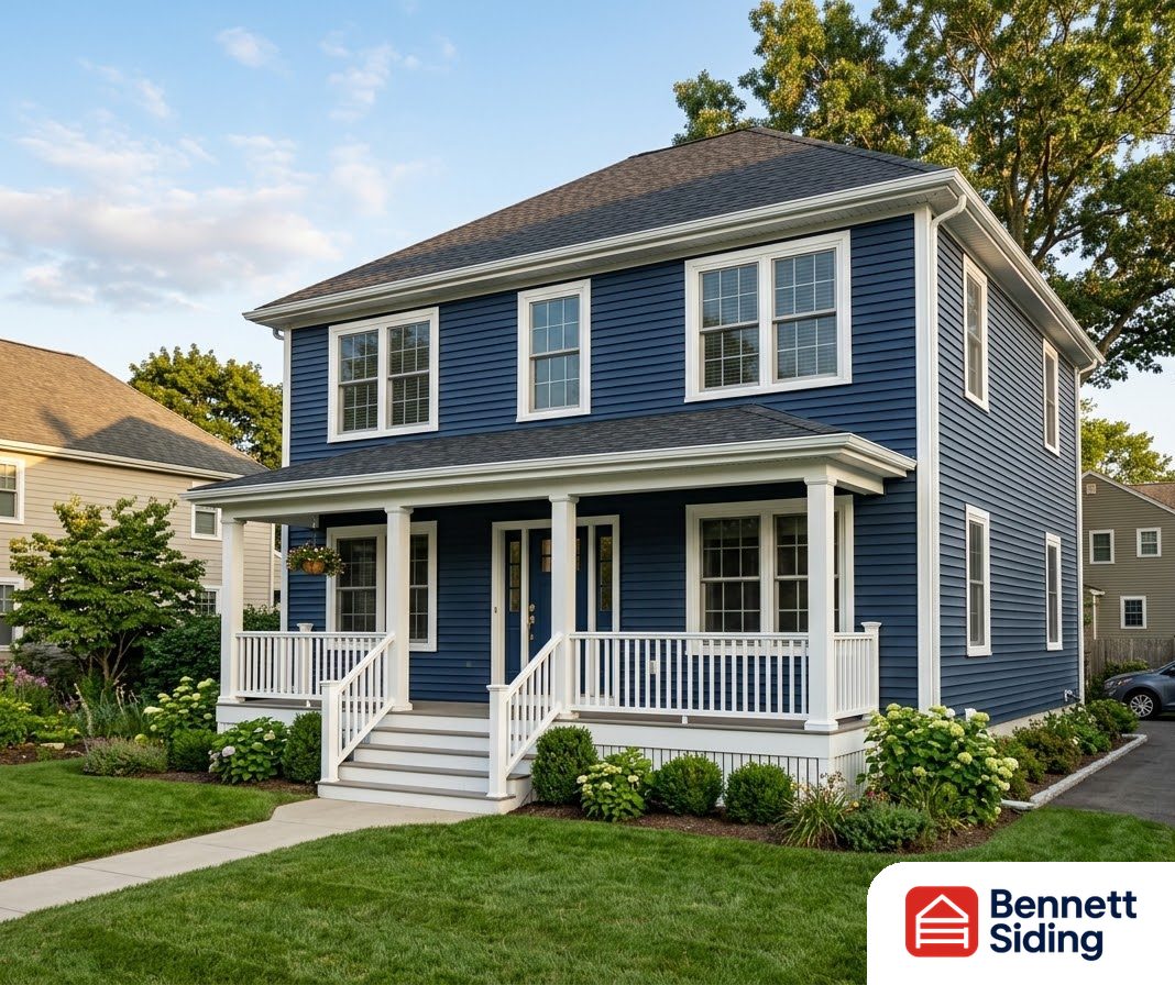 Two-story blue house with white trim and a front porch railing – About Bennett Siding