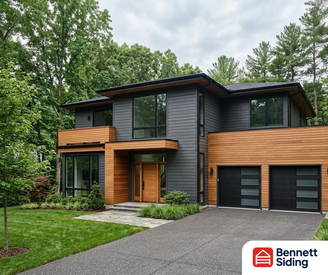 Modern two-story house with wood and dark siding surrounded by trees – Siding Replacement in Charlotte