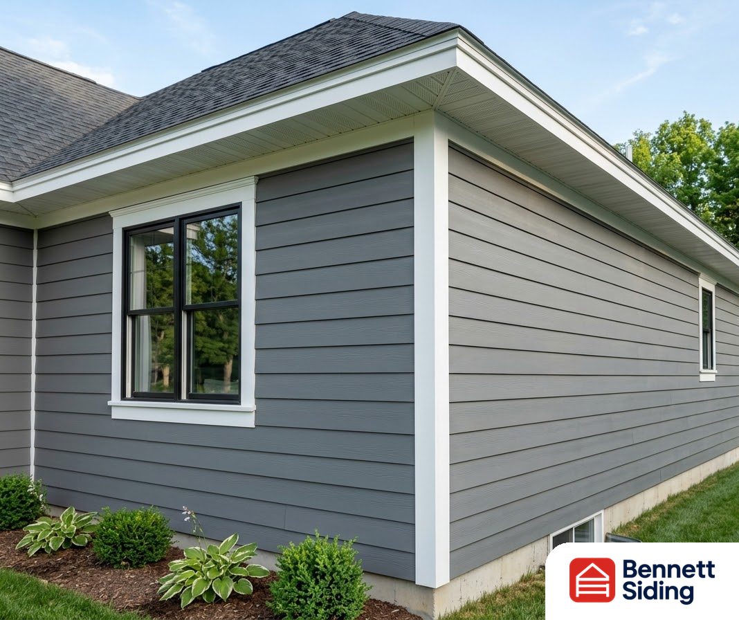 Gray horizontal siding on a house exterior with white trim and landscaping