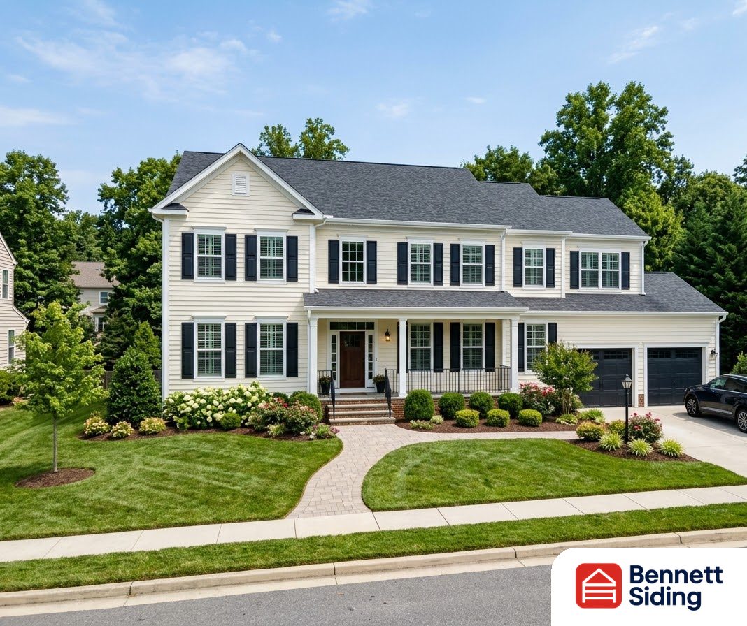 Two-story house with manicured lawn, shrubs, and a parked car in driveway – About Bennett Siding