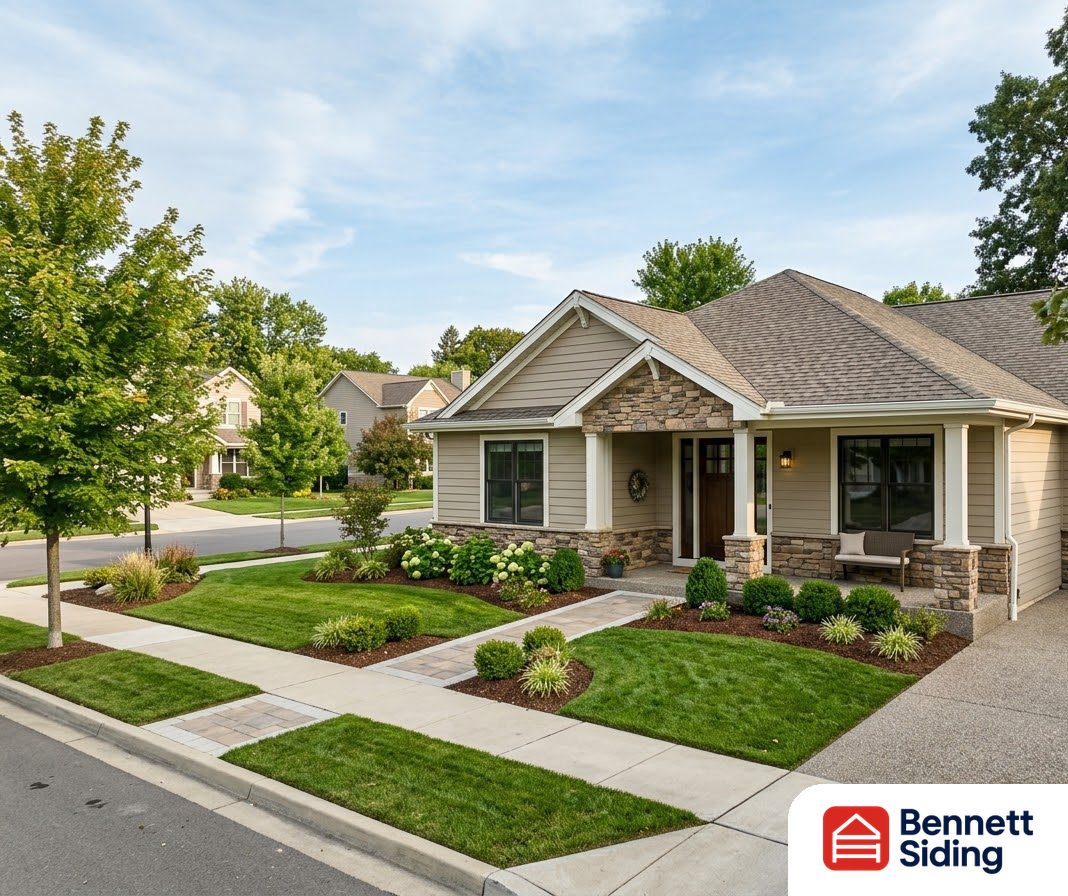 Single-story house with manicured lawn, shrubs, and a concrete driveway – Contact Us