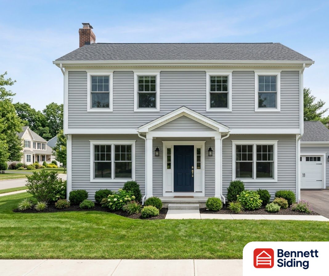 Two-story gray house with white trim, blue door, and landscaped yard – Our Siding Services