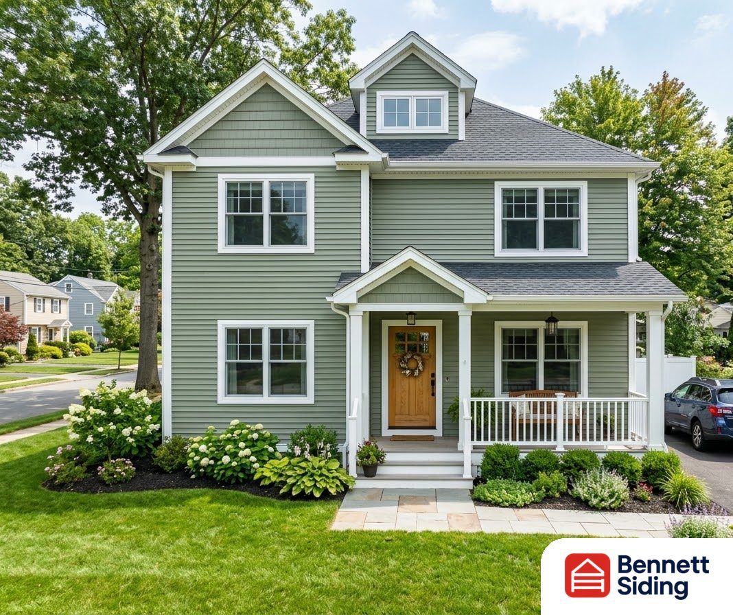 Two-story green house with front porch, lawn, and driveway car – Service Areas