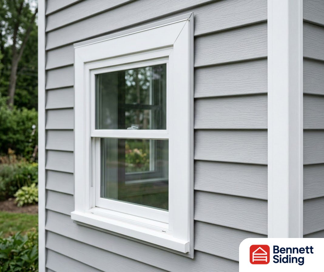White framed window installed on gray vinyl siding exterior wall – About Bennett Siding