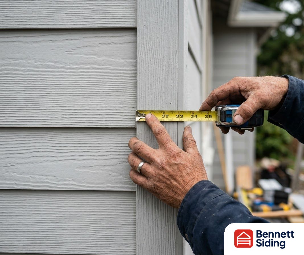 Hands measuring the width of exterior siding with a tape measure