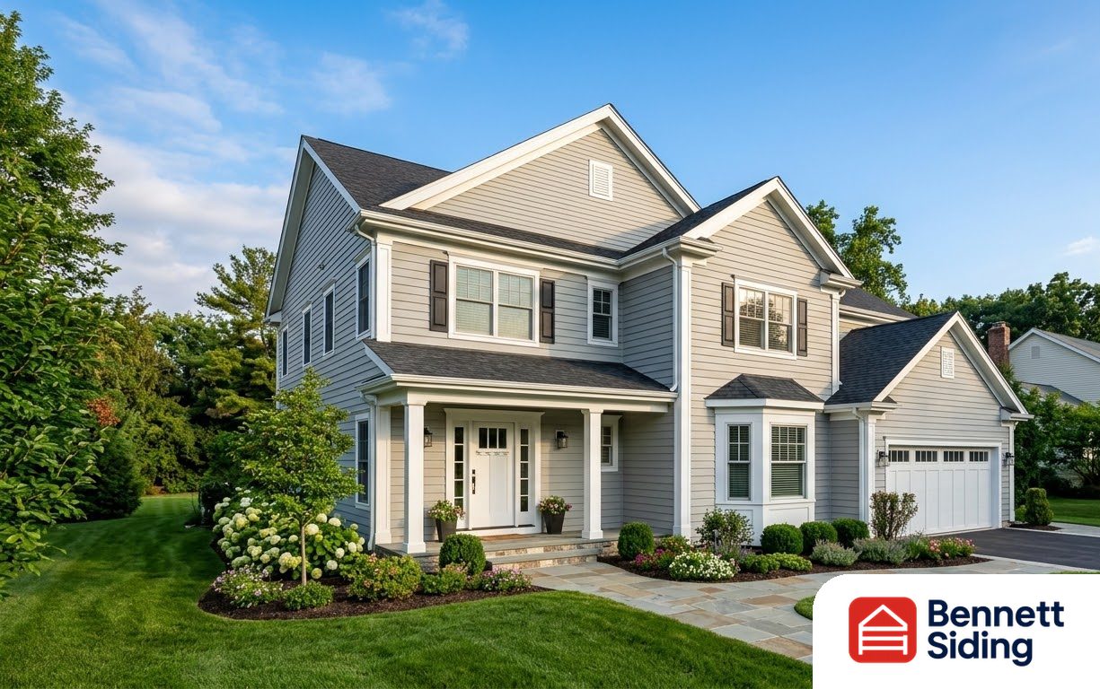 Two-story house with a front porch, garage, and landscaped yard