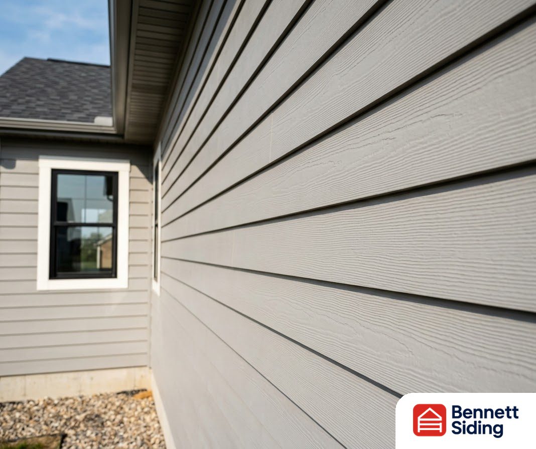Gray horizontal siding on the exterior wall of a house with a window visible – Siding Repair in Charlotte