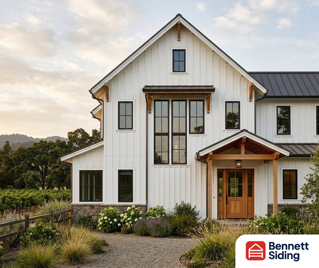Two-story white farmhouse with black windows and wooden front door – Siding Replacement in Charlotte