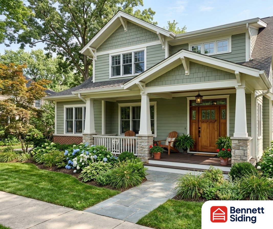 Two-story green house with a wooden front door and landscaped garden – Soffit Repair in Charlotte