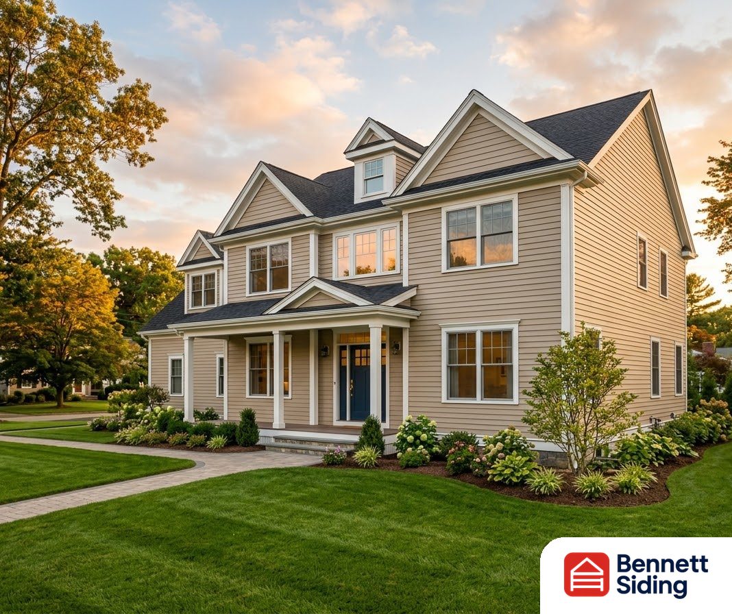 Two-story house with beige siding, multiple windows, and landscaped yard – Storm Damage Siding Repair in Charlotte